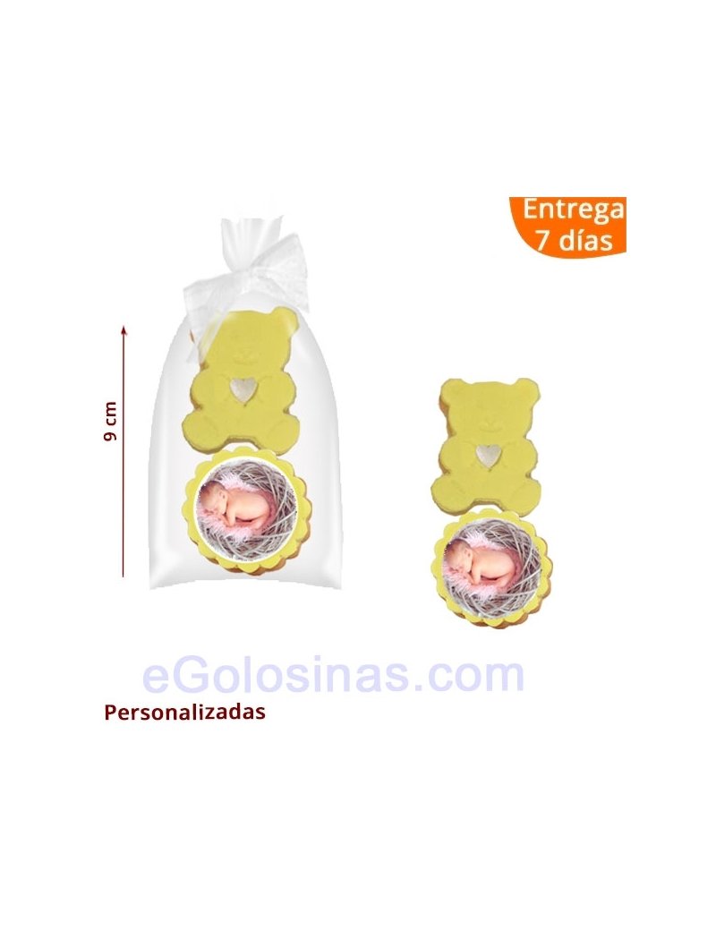 Pack 2 Galletas Bautizo: Osito y Foto del Bebé en amarillo