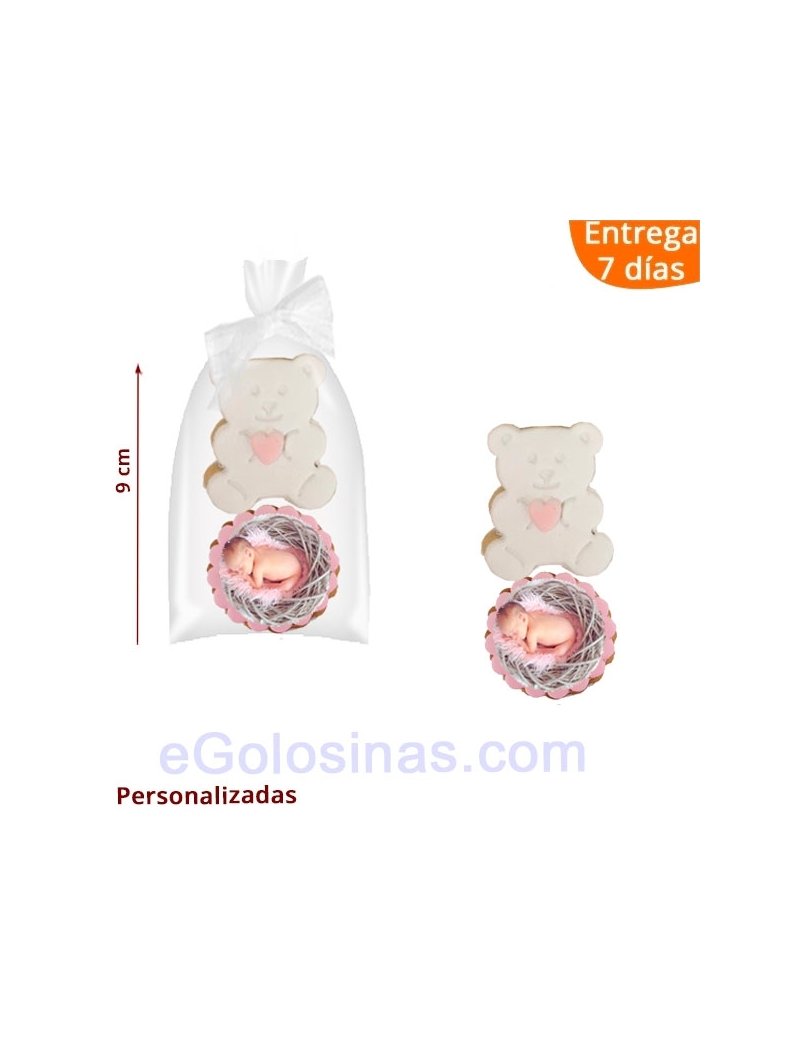 Pack 2 Galletas Bautizo: Osito y Foto del Bebé en blanco y rosa