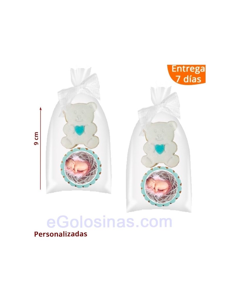 Pack 2 Galletas Bautizo: Osito y Foto del Bebé en blanco y azul