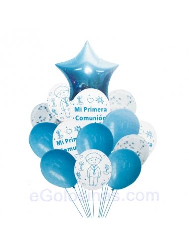 SET GLOBOS PRIMERA COMUNION AZUL 14 globos