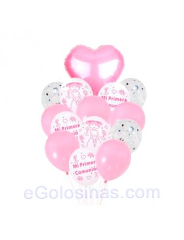 SET GLOBOS PRIMERA COMUNION ROSA 14 globos