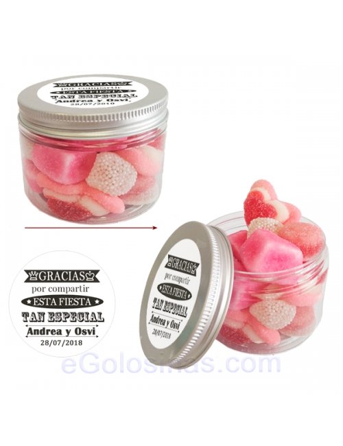 Tarro de Chuches Rosas Personalizado 130g (Bautizo, Comunión y Fiestas)