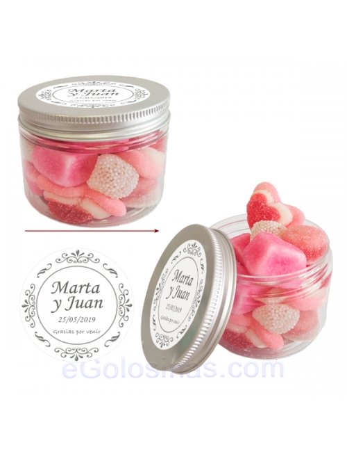Tarro de Chuches Rosas Personalizado 130g (Bautizo, Comunión y Fiestas)