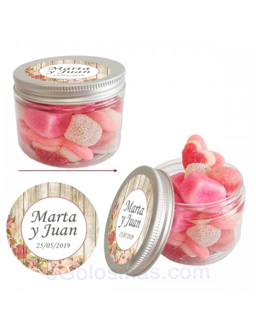 Tarro de Chuches Rosas Personalizado 130g (Bautizo, Comunión y Fiestas)