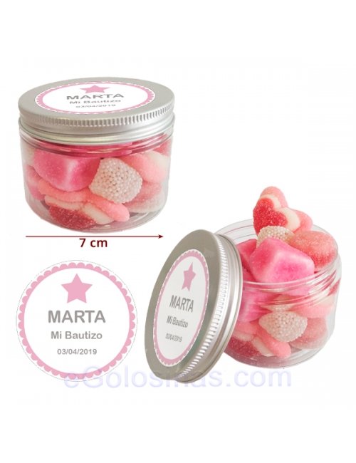 Tarro de Chuches Rosas Personalizado 130g (Bautizo, Comunión y Fiestas)
