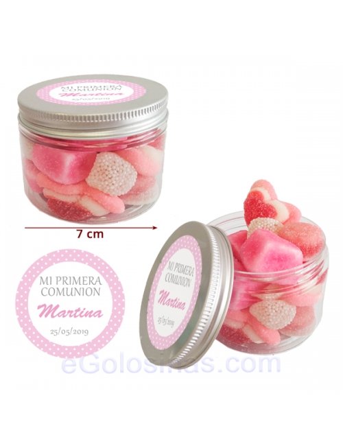 Tarro de Chuches Rosas Personalizado 130g (Bautizo, Comunión y Fiestas)