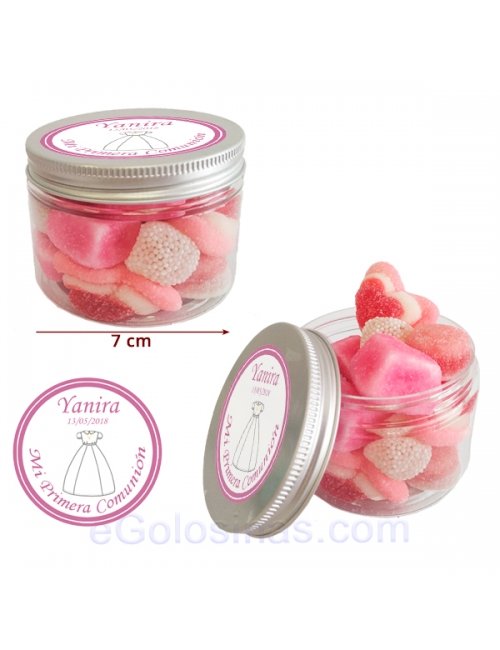 Tarro de Chuches Rosas Personalizado 130g (Bautizo, Comunión y Fiestas)