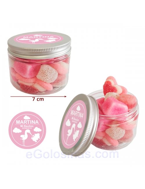 Tarro de Chuches Rosas Personalizado 130g (Bautizo, Comunión y Fiestas)
