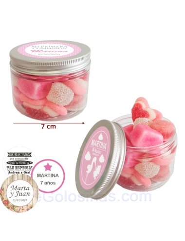 Tarro de Chuches Rosas Personalizado 130g (Bautizo, Comunión y Fiestas)