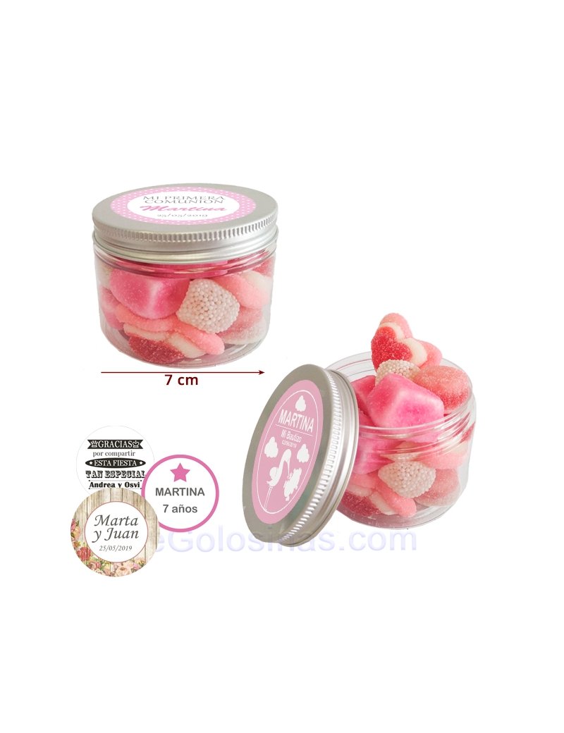 Tarro de Chuches Rosas Personalizado 130g (Bautizo, Comunión y Fiestas)