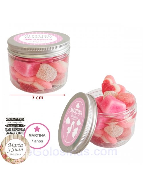 Tarro de Chuches Rosas Personalizado 130g (Bautizo, Comunión y Fiestas)