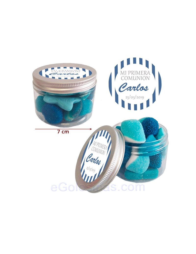 TARRO CHUCHES AZULES 120gr personalizada para Comunión