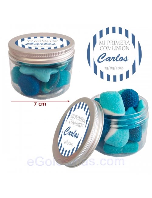 TARRO CHUCHES AZULES 120gr personalizada para Comunión