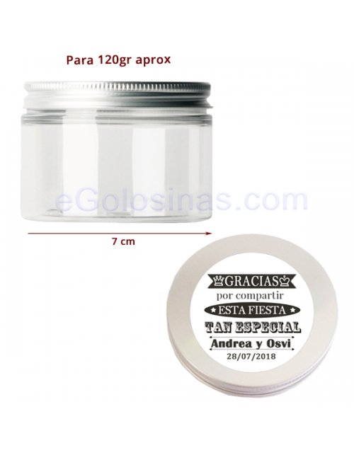 TARRO PLASTICO Y ETIQUETA DETALLE BODA