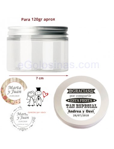 TARRO PLASTICO Y ETIQUETA DETALLE BODA