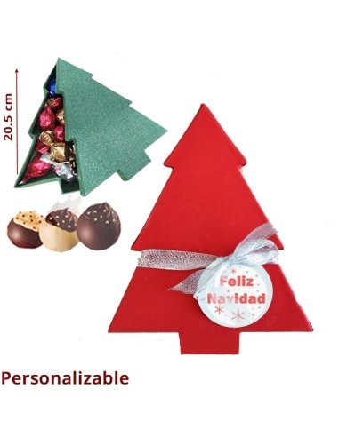 Caja Árbol Navidad 12 Maxi Bombones con etiqueta personalizada
