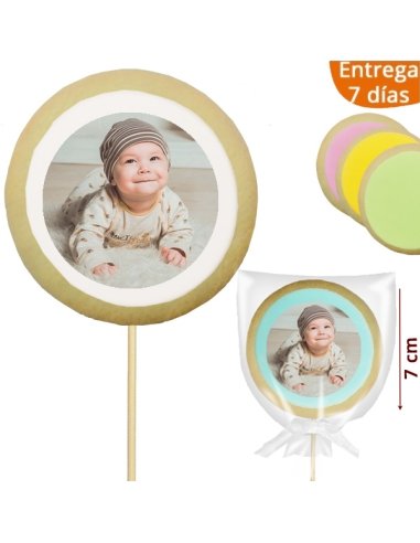 Piruleta Redonda de Galleta con Foto para Bautizo