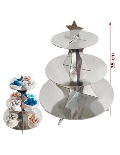 Expositor Cartón Plata Liso de 3 Pisos para decorar Mesa Dulce
