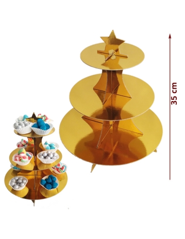 Expositor Cartón Dorado Liso de 3 Pisos para decorar Mesa Dulce
