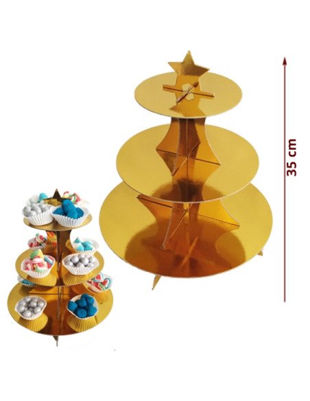 Expositor Cartón Dorado Liso de 3 Pisos para decorar Mesa Dulce