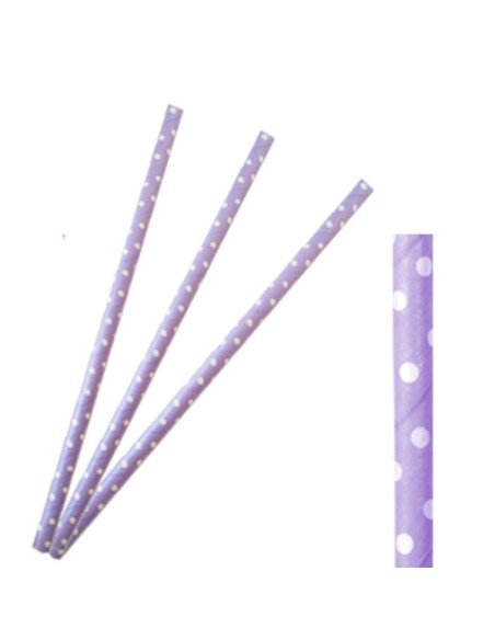 Pajitas de papel lila con lunares blancos 24uds