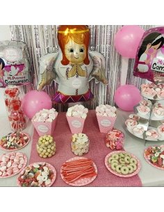Mesa Dulce de Comunión rosa niña personalizada con etiqueta