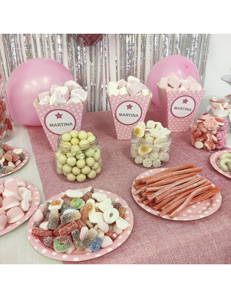 Mesa de Chuches Rosa para Fiesta personalizada con etiqueta