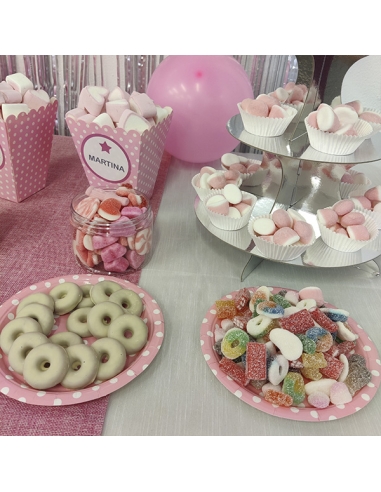 Mesa de Chuches Rosa para Fiesta personalizada con etiqueta