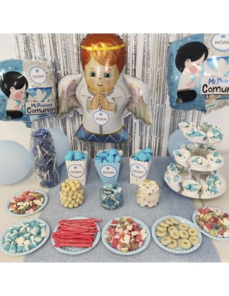 Mesa Chuches Comunión Azul niño personalizada con etiqueta
