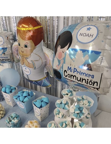 Mesa Chuches Comunión Azul niño personalizada con etiqueta