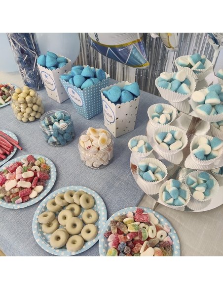 Mesa Chuches Comunión Azul niño personalizada con etiqueta