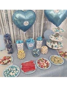 Mesa Chuches Azul para fiesta con etiqueta personalizada