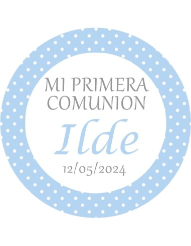 Etiqueta 5cm Azul Topos Comunión Personalizada