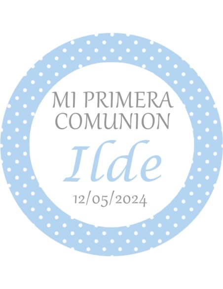 Etiqueta 5cm Azul Topos Comunión Personalizada