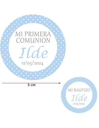 Etiqueta Pegatina Comunión o Bautizo Azul Topos personalizada 5cm
