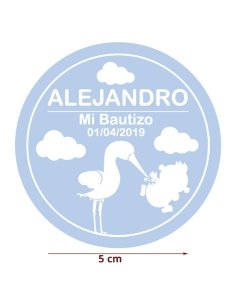 Etiqueta Pegatina Bautizo Azul Cigüeña Bebé Personalizada 5cm