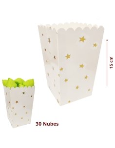 Cubos de Palomitas Blanco Estrellas Doradas 6uds para chuches