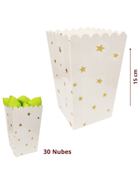 Cubos de Palomitas Blanco Estrellas Doradas 6uds para chuches