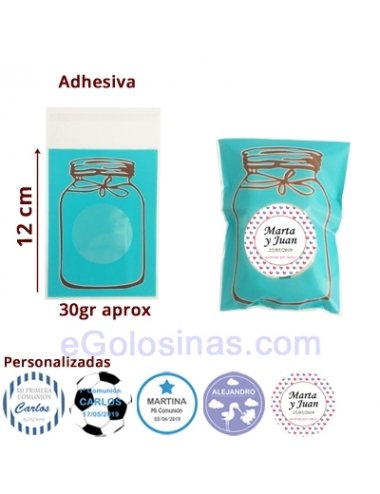BOLSITA TARRO PEQUEÑA AZUL y ETIQUETA personalizada