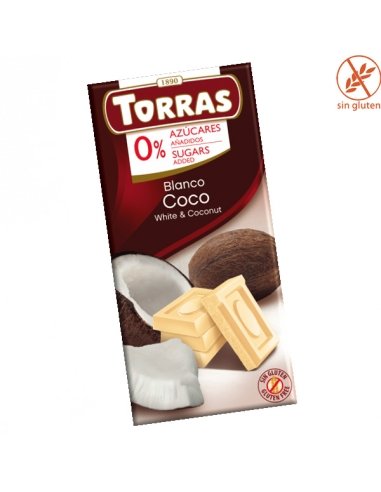 Tableta Chocolate Blanco con Coco sin azúcar 75gr Chocolates Torras