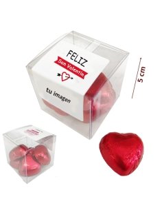 Caja acetato 5cm con 5 Bombones Corazón y etiqueta personalizada
