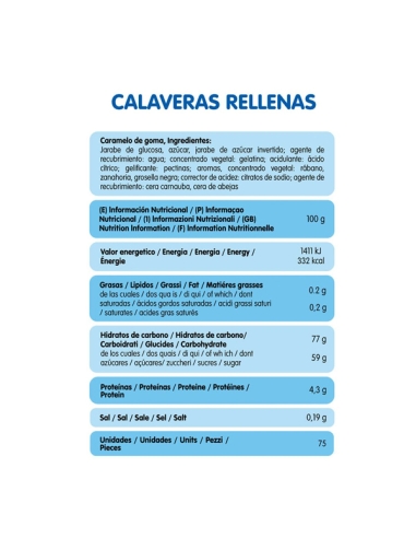 Chuches Rellenolas Calaveras rellenas Halloween 75uds Vidal Golosinas