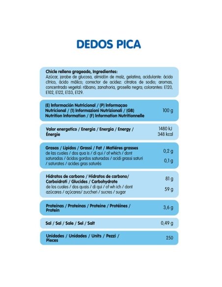 Tabla Chuches Dedos surtidos Pica 250uds (1,5Kgs) Vidal Golosinas