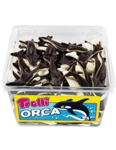 Chuches Ballena Orca goma 120uds (1,6Kg aprox.) en tarro Trolli Golosinas