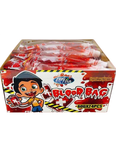 Bolsita chuches líquida fresa sangre Halloween 24uds Blood Bag expositor