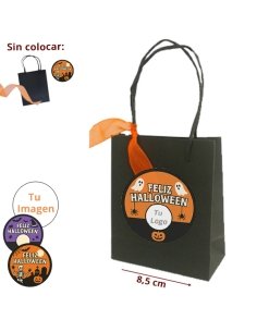 Bolsita Negra con cinta organza naranja y pegatina Halloween personalizable