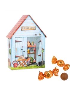 Caja Bombones Lata Casa Jardín azul 150Gr Chocoday