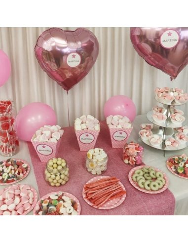 Mesa de Chuches Rosa para Fiesta personalizada con etiqueta