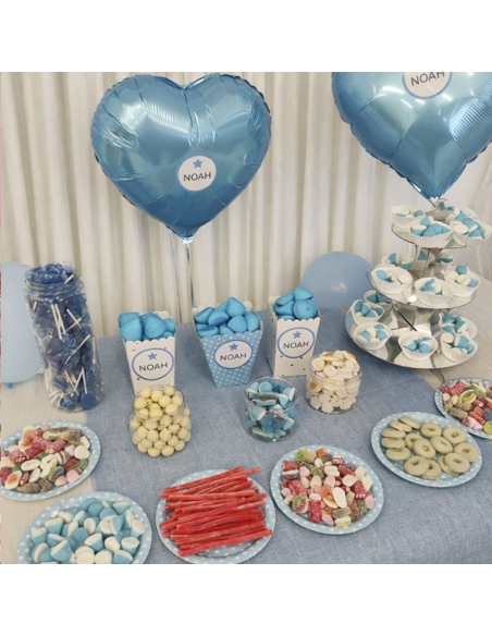 Mesa Chuches Azul para fiesta con etiqueta personalizada