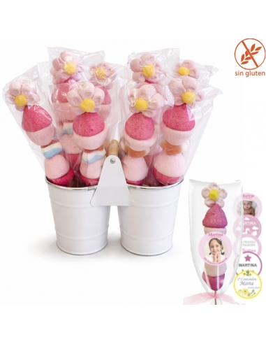 Cesto 10 Brochetas de chuches rosas personalizadas para eventos